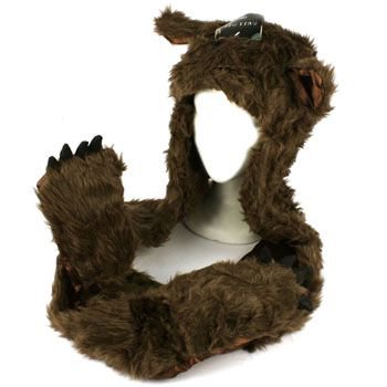 Winter Faux Fake Fuzzy Animal Fur Scarf Trapper Hat w/ Paws Gloves Mittens Brown