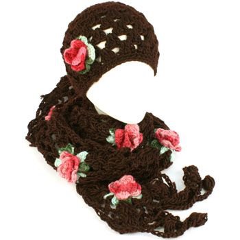 Winter Set Crochet Flower Hand Knit Beanie Skull Ski Cap Hat with Scarf Brown