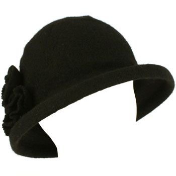 100% Wool Winter Cloche Bucket Flower Leaf Crushable Hard Brim Church Hat Black