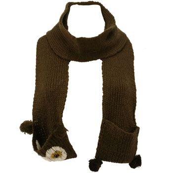 Winter Hand Knit Owl Animal Face and Tail Long Scarf Shawl Ski Hat w Pockets