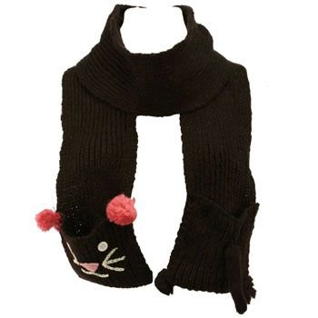 Winter Hand Knit Kitty Animal Face and Tail Long Scarf Shawl Ski Hat w Pockets