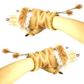 Winter Soft Fuzzy Furry Real Fur Trim Fingerless Half Cuff Off Gloves Camel S/M