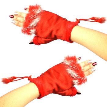 Winter Soft Fuzzy Furry Real Fur Trim Fingerless Half Cuff Off Gloves Red S/M