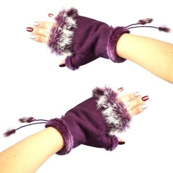 Winter Soft Fuzzy Furry Real Fur Trim Fingerless Half Cuff Off Gloves Purple S/M