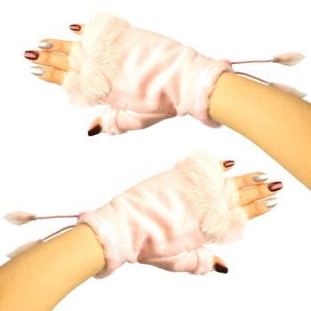 Winter Soft Fuzzy Furry Real Fur Trim Fingerless Half Cuff Off Gloves Pink S/M