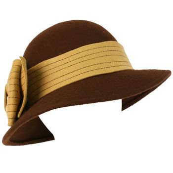 100% Wool Winter Structured Cloche Bucket Floppy Church Big Ribbon Hat Brown Be