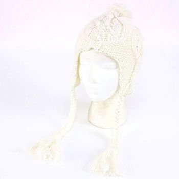 Ladies Winter Pompom Cable Knit Trooper Trapper Braid Tassel Ski Snow Hat Ivory
