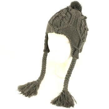 Ladies Winter Pompom Cable Knit Trooper Trapper Braid Tassel Ski Snow Hat Gray