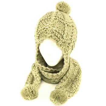 Winter Handmade Hand Knit Trooper Trapper w/ Scarf Winter Ski Pom Pom Hat Mint