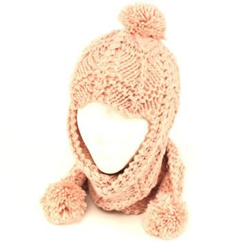 Winter Handmade Hand Knit Trooper Trapper w/ Scarf Winter Ski Pom Pom Hat Pink