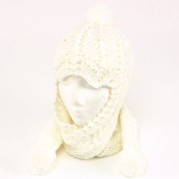 Winter Handmade Hand Knit Trooper Trapper w/ Scarf Winter Ski Pom Pom Hat White