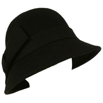 100% Wool Winter Structured Cloche Bucket Bell Church Stitch Ribbon Hat Black