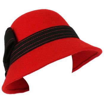 100% Wool Winter Structured Cloche Bucket Bell Church Stitch Ribbon Hat Red