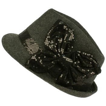 Ladies Winter Classic Wool Blend Fedora Trilby Sequins Bow Dancer Cap Hat Gray