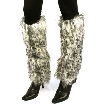 Winter Faux Fur Animal Print Dance Ski Leg Warmer Boot Shoe Cover Leopard White
