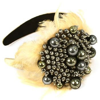 Wide Fancy Formal Real Feathers Metallic Beads Handmade Headwrap Headband Beige