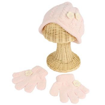 Winter Toddler Girls 2-4 Chenille Flower Knit Ski Beanie Hat w Gloves Set Pink