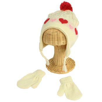 Winter Toddler Girls 2-4 Knit Ski Trapper Beanie Hat w Mittens Gloves Set Ivory