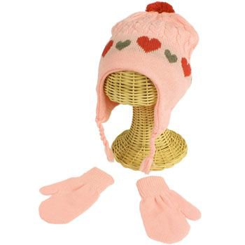 Winter Toddler Girls 2-4 Knit Ski Trapper Beanie Hat w Mittens Gloves Set Pink