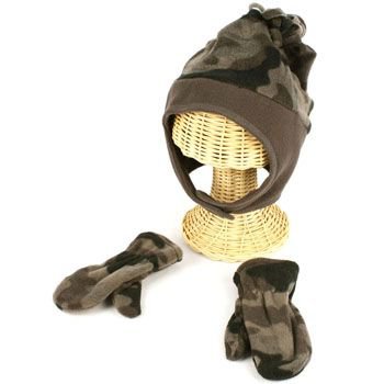 Winter Child Baby 0-1 Fleece Camo Gray Ski Trapper Beanie Hat w Mitten Gloves