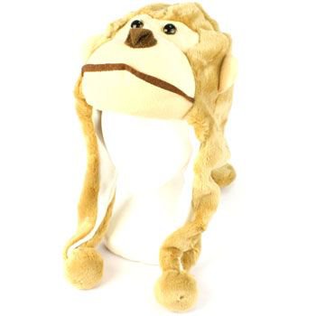 Faux Fake Fur Animal Plush Monkey with Tail Trapper Slip Tie Ski Snow Pompom Hat