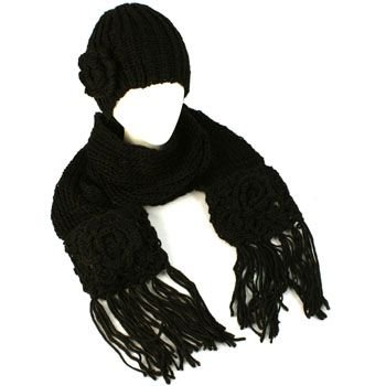 Winter Crochet Flower Knit Beanie Hat w Ski Scarf Pockets Mitten Black 2pc Set