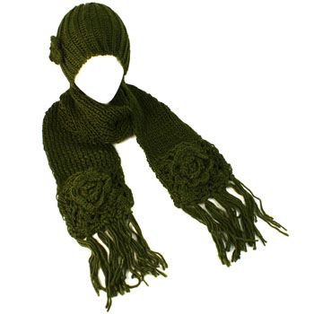 Winter Crochet Flower Knit Beanie Hat w Ski Scarf Pockets Mitten Olive 2pc Set