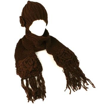 Winter Crochet Flower Knit Beanie Hat w Ski Scarf Pockets Mittens Brown 2pc Set