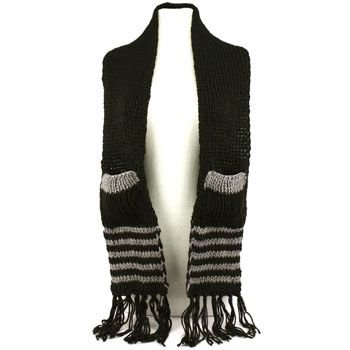 Winter Cable Knit Stripe Long Fringe Scarf Shawl Ski Hat w Pockets Mittens Black