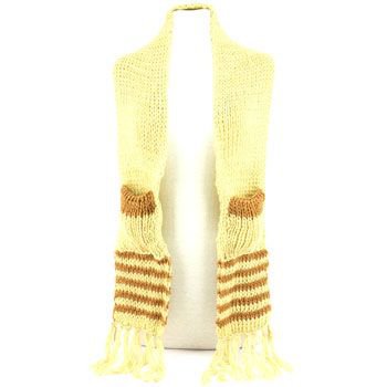 Winter Cable Knit Stripe Long Fringe Scarf Shawl Ski Hat w Pockets Mittens Beige