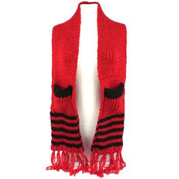 Winter Cable Knit Stripe Long Fringe Scarf Shawl Ski Hat w Pockets Mittens Red