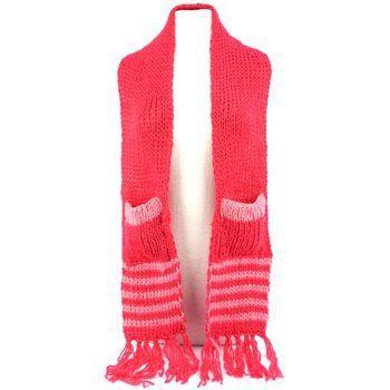 Winter Cable Knit Stripe Long Fringe Scarf Shawl Ski Hat w Pockets Mitten Pink