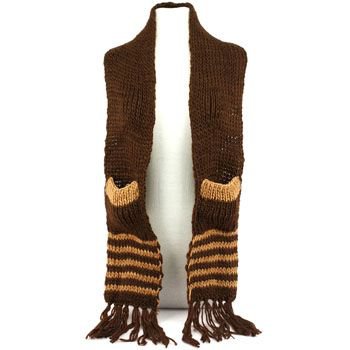 Winter Cable Knit Stripe Long Fringe Scarf Shawl Ski Hat w Pockets Mitten Brown
