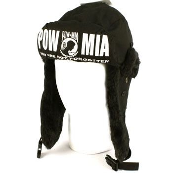 POW MIA Winter Faux Fur Trooper Trapper Earflaps Ski Aviator Cap Hat Black