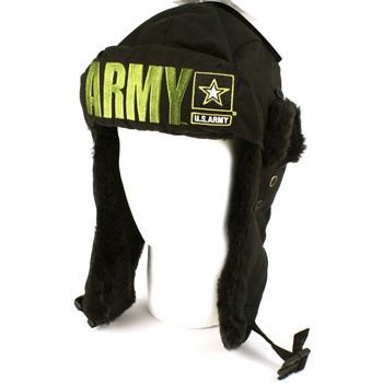 US Army Winter Faux Fur Trooper Trapper Ski Earflap Aviator Cap Hat Black