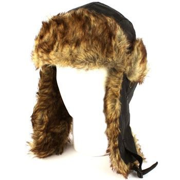 Men's Winter Faux Fur Leather Trooper Trapper Earflaps Ski Aviator Cap Hat Black