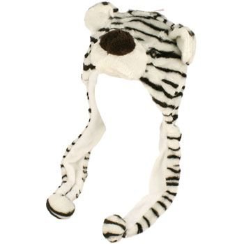 Faux Fake Fur Animal Plush White Tiger Trooper Trapper Slip Tie Ski Cap Hat