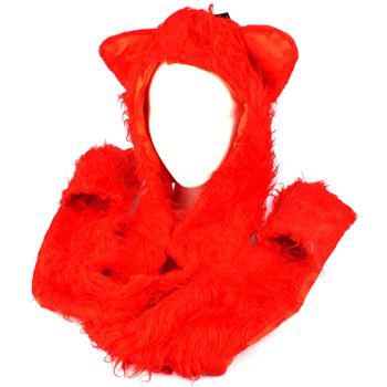 Winter Faux Fake Frizzy Animal Fur Scarf Trapper Ski Hat w Gloves Mittens Red