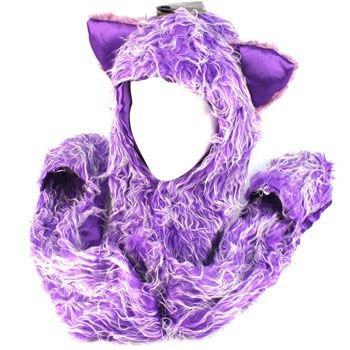 Winter Faux Fake Frizzy Animal Fur Scarf Trapper Ski Hat w Gloves Mittens Purple