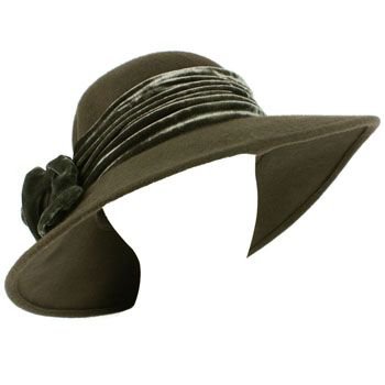 100% Wool Winter Velvet Floral Hatband Wide Brim Floppy Bucket Church Hat Gray