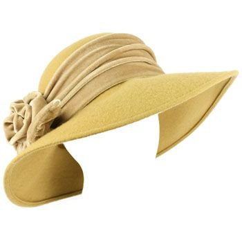 100% Wool Winter Velvet Floral Hatband Wide Brim Floppy Bucket Church Hat Camel