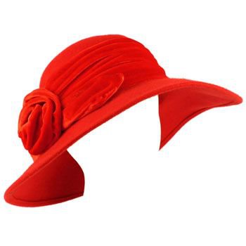 100% Wool Winter Velvet Floral Hatband Wide Brim Floppy Bucket Church Hat Red