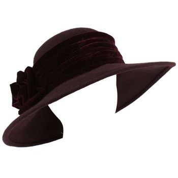 100% Wool Winter Velvet Floral Hatband Wide Brim Floppy Bucket Church Hat Purple