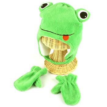 Winter Child Baby 0-1 Animal Frog Ski Trapper Beanie Lined Hat w Mitten Gloves