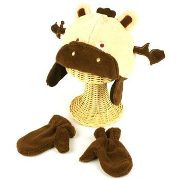 Winter Child Baby 0-1 Animal Deer Ski Trapper Beanie Lined Hat w Mitten Gloves
