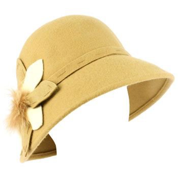 100% Wool Real Fur Floral Winter Structured Cloche Bucket Bell Church Hat Camel