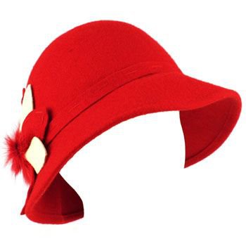 100% Wool Real Fur Floral Winter Structured Cloche Bucket Bell Church Hat Red