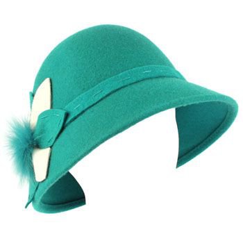 100% Wool Real Fur Floral Winter Structured Cloche Bucket Bell Church Hat Teal