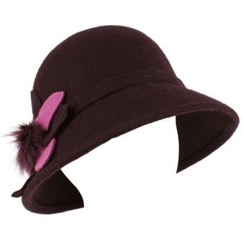 100% Wool Real Fur Floral Winter Structured Cloche Bucket Bell Church Hat Purple
