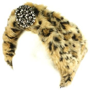 Winter Faux Animal Fur Removable Rhinestone Brooch Ski Headwrap Headband Cheetah